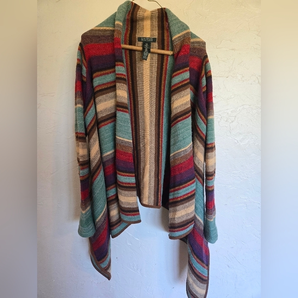 Lauren Ralph Lauren Lamb Wool linen Blend Colorful Open Cardigan Western S/M Y2K